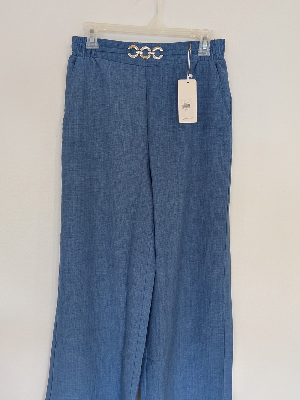 Women’s Blue Wide Leg Palazzo Pants L Fits M Lightweight Gold Rhinestone NWT - Picture 2 of 14